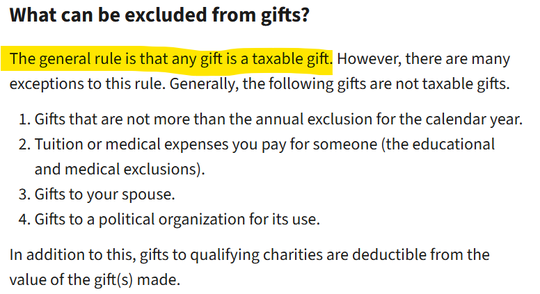 IRS rule stating that any gift aside from exclusions is taxable