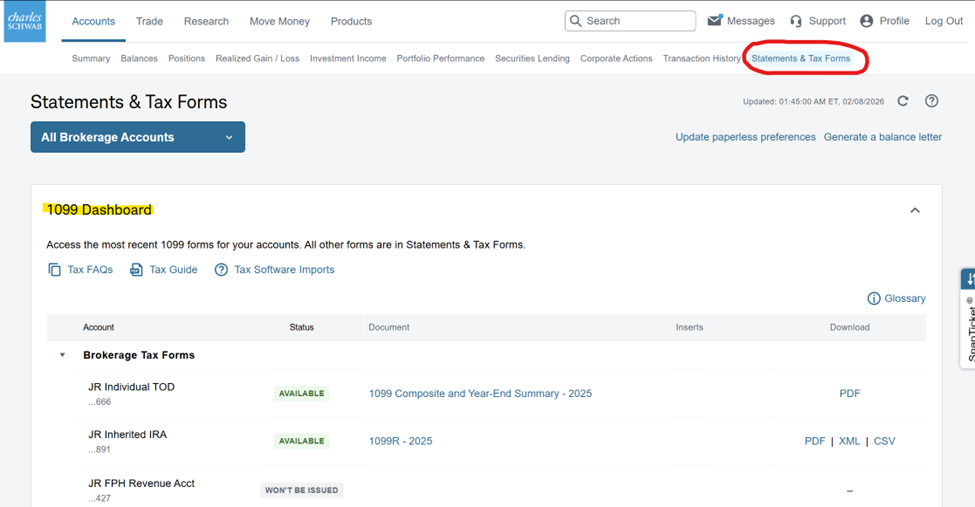 Screenshot of Schwab Alliance 1099 Dashboard